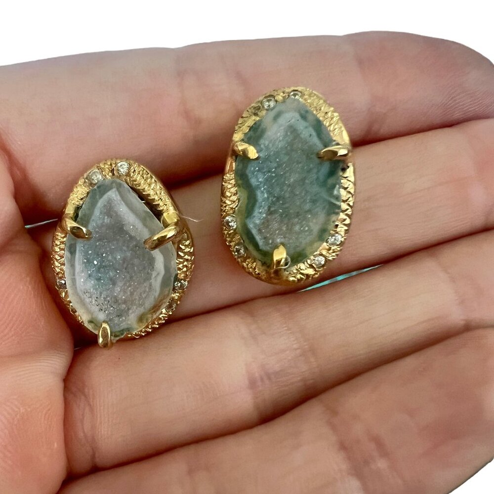 NEW!Gold Tone Natural Geode Slice & Natural Zircon Sterling Silver Post Earrings